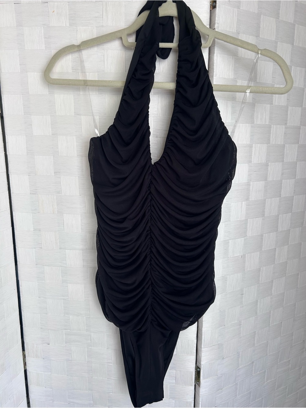 Fashion Nova Black Ruched Halter Bodysuit